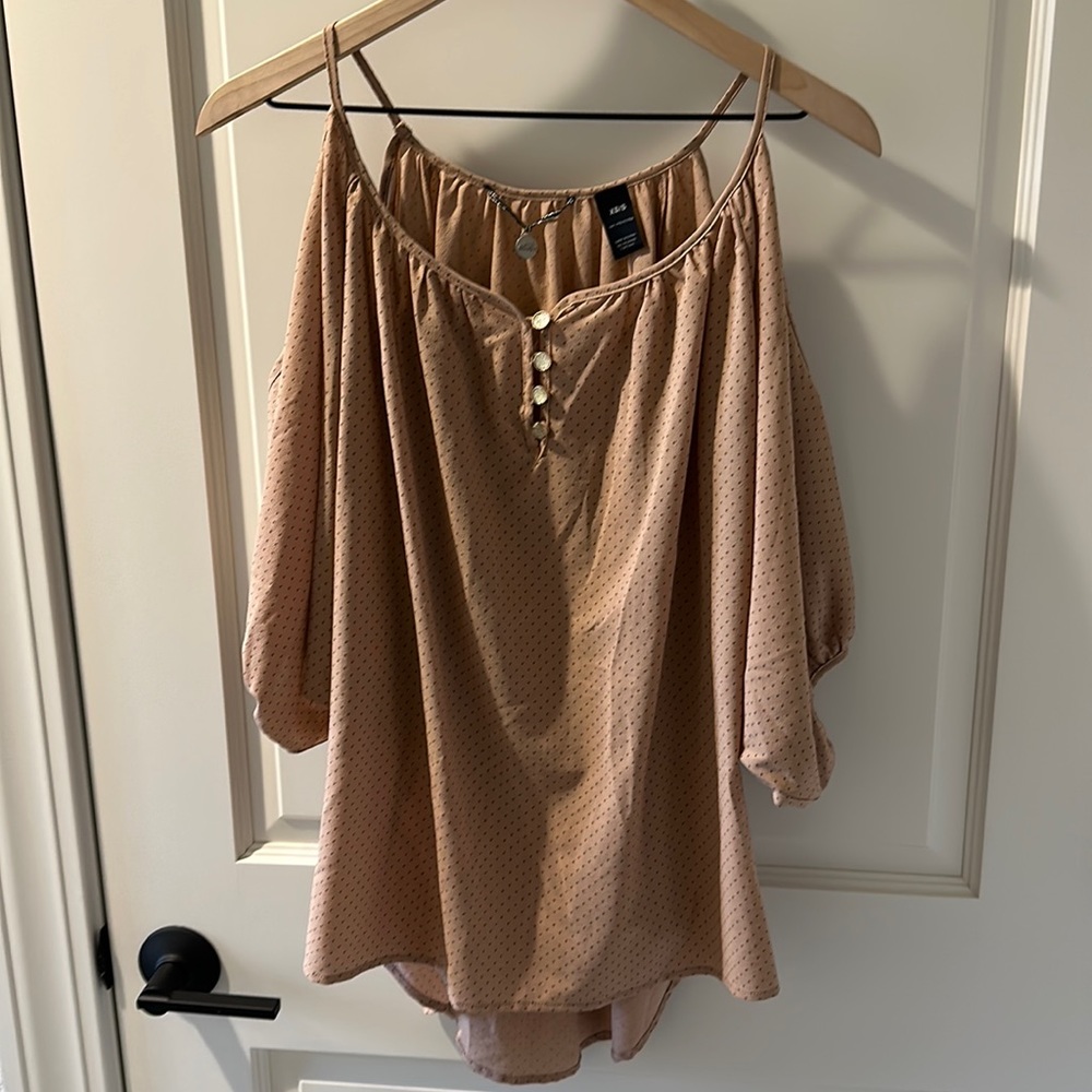 Cream open shoulder dress top.